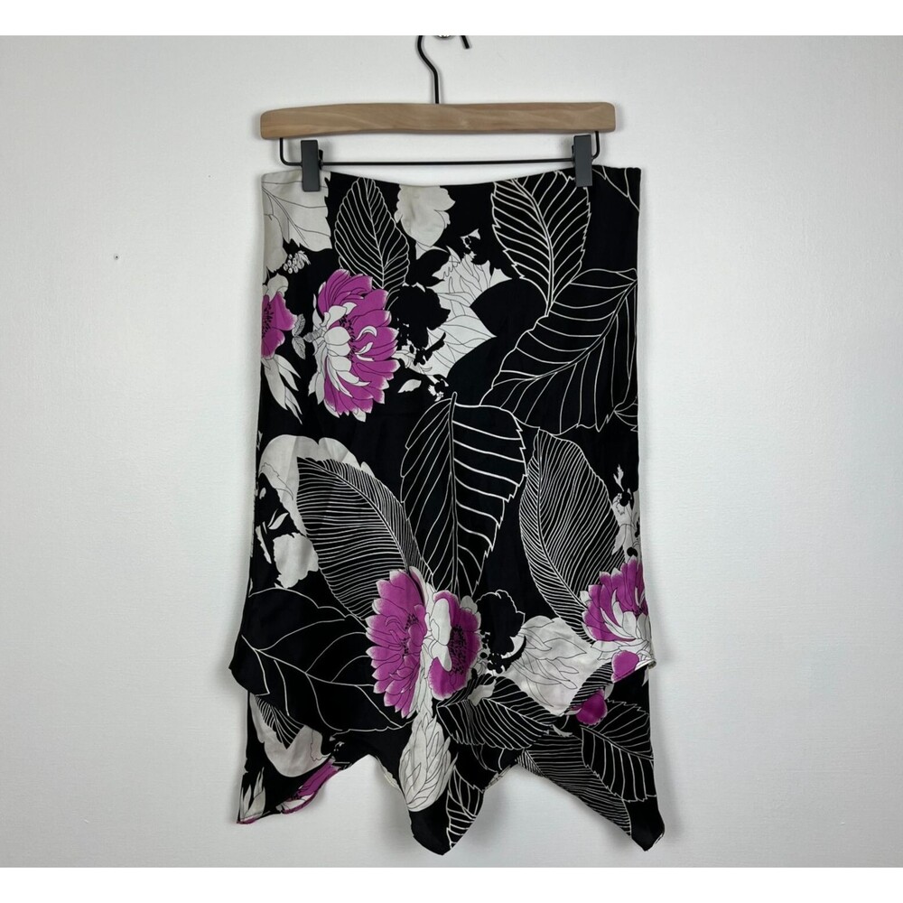 Silk Skirt Womens 6 Bold Floral Peony Handkerchief Hem Romantic Elegant Colorful